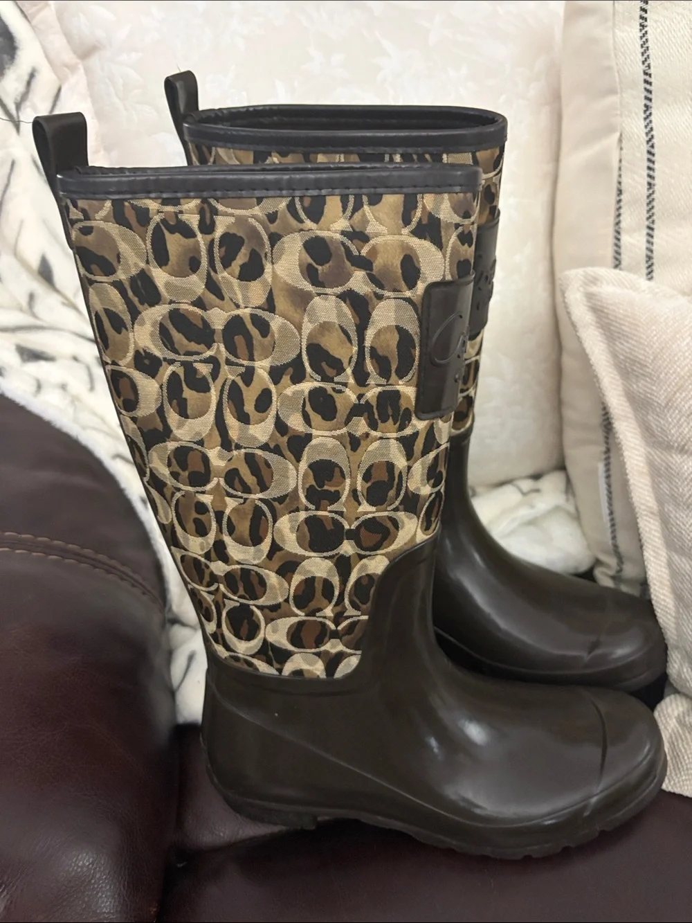 Coach Brown Signature Pattern Tall Rain Boots